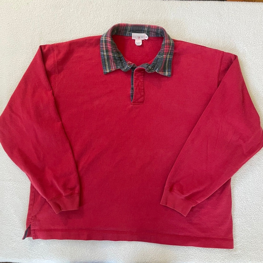 Vintage J.Crew Polo Shirt Mens XL Red Plaid Collar Long Sleeve Rugby Oarsmen 90s